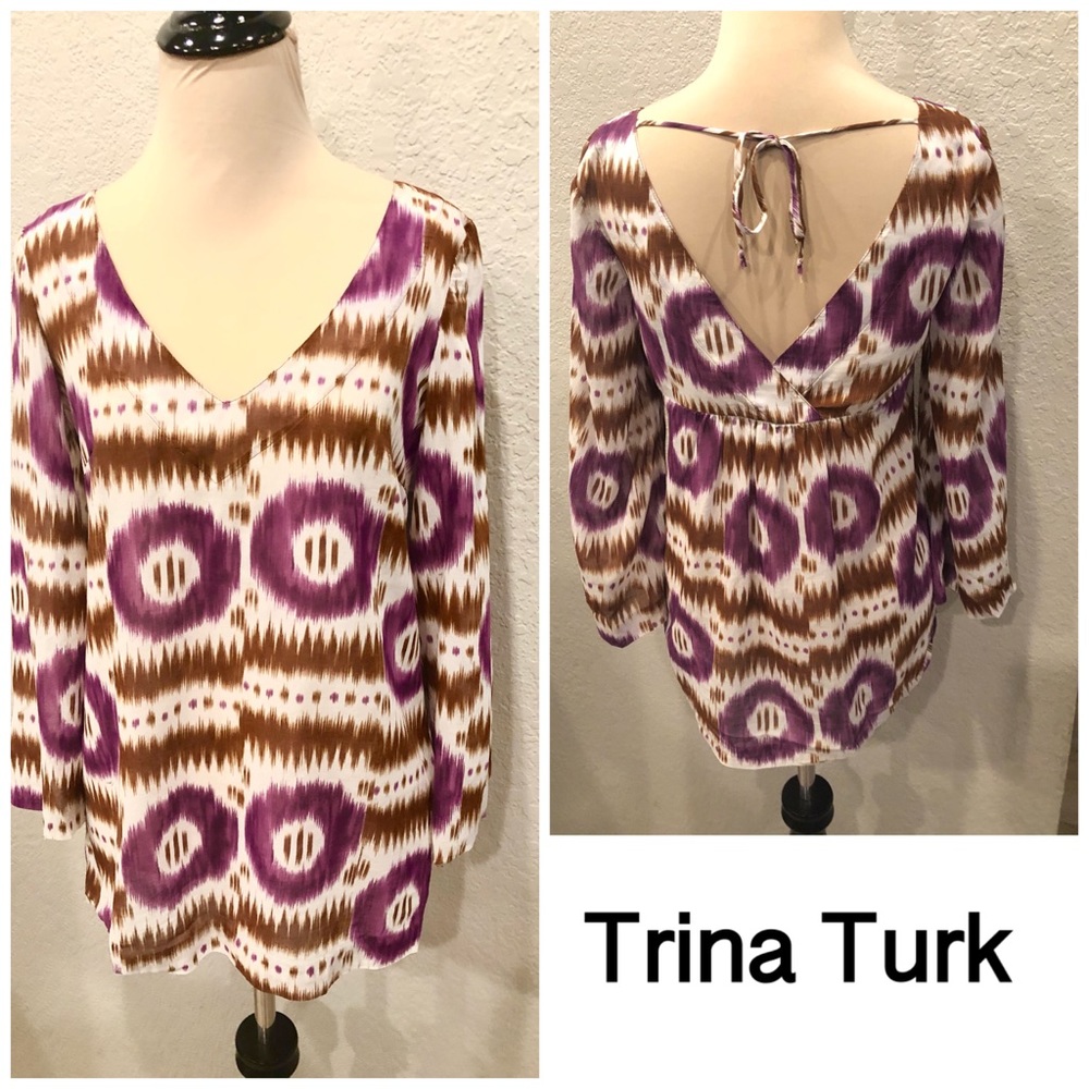 Trina Turk Purple & Brown Ikat-Print V-Neck Tunic